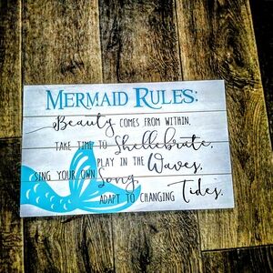 Mermaid Rules Wall Sign - Teal and White Nautical Decor